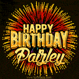 Golden 'Happy Birthday Paizley' text accompanied by animated rainbow fireworks for a festive animated greeting.