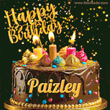 A delightful chocolate birthday cake with bright candles and 'Happy Birthday Paizley' written in gold amidst a shower of animated stars.
