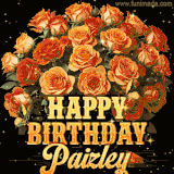 Animated bouquet of orange roses with moving butterfles and golden 'Happy Birthday Paizley' text, surrounded by sparkling accents and a dark backdrop for a luxurious feel.