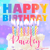 A vibrant animated name GIF with the words 'Happy Birthday Paizley' with colorful candles on a creamy cake. The background sparkles with pastel shades, adding a festive touch.