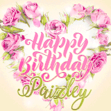A stunning heart made of pink roses surrounds the elegant script text 'Happy Birthday Paizley' on a soft beige background. Animated sparkles add a magical and festive feel.