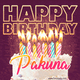 A colorful birthday cake topped with lit candles, with the words 'Happy Birthday Pakuna' in bold glowing letters on a burgundy background. Animated flames add a festive touch.