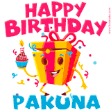 A vibrant and funny gift box character with a happy face dancing with a cupcake and the text 'Happy Birthday Pakuna,' surrounded by animated confetti and party vibes.