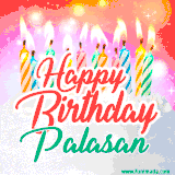 Bright birthday candles with rainbow flames on a cake, alongside the text 'Happy Birthday Palasan' in vibrant script in this celebratory animated GIF.