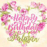 A stunning heart made of pink roses surrounds the elegant script text 'Happy Birthday Palasan' on a soft beige background. Animated sparkles add a magical and festive feel.