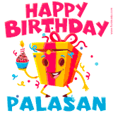 A vibrant and funny gift box character with a happy face dancing with a cupcake and the text 'Happy Birthday Palasan,' surrounded by animated confetti and party vibes.