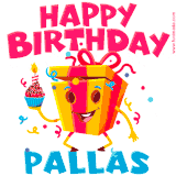 A vibrant and funny gift box character with a happy face dancing with a cupcake and the text 'Happy Birthday Pallas,' surrounded by animated confetti and party vibes.