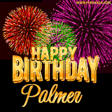 A golden 'Happy Birthday Palmer' message with vibrant fireworks in the background, creating a festive and celebratory vibe in this animated name GIF.
