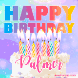 A vibrant animated name GIF with the words 'Happy Birthday Palmer' with colorful candles on a creamy cake. The background sparkles with pastel shades, adding a festive touch.