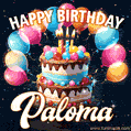 Hand-drawn happy birthday cake adorned with an arch of colorful balloons - name GIF for Paloma