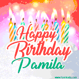 Bright birthday candles with rainbow flames on a cake, alongside the text 'Happy Birthday Pamila' in vibrant script in this celebratory animated GIF.