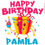 A vibrant and funny gift box character with a happy face dancing with a cupcake and the text 'Happy Birthday Pamila,' surrounded by animated confetti and party vibes.