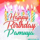 Bright birthday candles with rainbow flames on a cake, alongside the text 'Happy Birthday Pamuya' in vibrant script in this celebratory animated GIF.