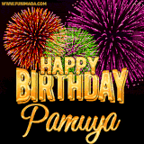 A golden 'Happy Birthday Pamuya' message with vibrant fireworks in the background, creating a festive and celebratory vibe in this animated name GIF.
