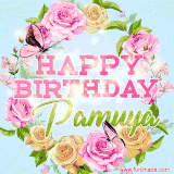 A charming animated GIF featuring 'Happy Birthday Pamuya' in pink and green text, surrounded by delicate roses, leaves, and fluttering butterflies on a soft light blue pastel background.
