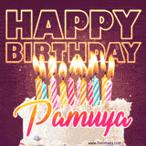A colorful birthday cake topped with lit candles, with the words 'Happy Birthday Pamuya' in bold glowing letters on a burgundy background. Animated flames add a festive touch.