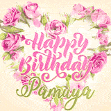 A stunning heart made of pink roses surrounds the elegant script text 'Happy Birthday Pamuya' on a soft beige background. Animated sparkles add a magical and festive feel.