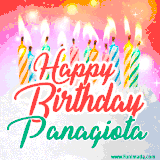 Bright birthday candles with rainbow flames on a cake, alongside the text 'Happy Birthday Panagiota' in vibrant script in this celebratory animated GIF.