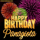 A golden 'Happy Birthday Panagiota' message with vibrant fireworks in the background, creating a festive and celebratory vibe in this animated name GIF.