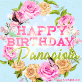 A charming animated GIF featuring 'Happy Birthday Panagiota' in pink and green text, surrounded by delicate roses, leaves, and fluttering butterflies on a soft light blue pastel background.