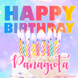 A vibrant animated name GIF with the words 'Happy Birthday Panagiota' with colorful candles on a creamy cake. The background sparkles with pastel shades, adding a festive touch.