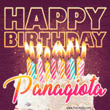 A colorful birthday cake topped with lit candles, with the words 'Happy Birthday Panagiota' in bold glowing letters on a burgundy background. Animated flames add a festive touch.