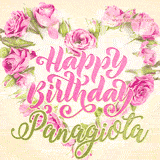 A stunning heart made of pink roses surrounds the elegant script text 'Happy Birthday Panagiota' on a soft beige background. Animated sparkles add a magical and festive feel.