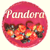 Beautifully decorated red velvet berry birthday cake with vibrant fruits and a glowing 'Pandora' name, adding a touch of sweetness and sparkle.