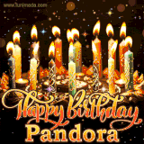 A glowing personalized birthday GIF with name Pandora featuring lit candles with intricate designs, warm lighting, and the text 'Happy Birthday' in an elegant font.