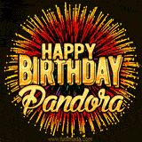Golden 'Happy Birthday Pandora' text accompanied by animated rainbow fireworks for a festive animated greeting.