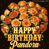 Animated bouquet of orange roses with moving butterfles and golden 'Happy Birthday Pandora' text, surrounded by sparkling accents and a dark backdrop for a luxurious feel.