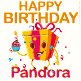 A vibrant and funny gift box character with a happy face dancing with a cupcake and the text 'Happy Birthday Pandora,' surrounded by animated confetti and party vibes.