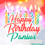 Bright birthday candles with rainbow flames on a cake, alongside the text 'Happy Birthday Paniwi' in vibrant script in this celebratory animated GIF.