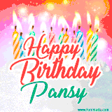 Bright birthday candles with rainbow flames on a cake, alongside the text 'Happy Birthday Pansy' in vibrant script in this celebratory animated GIF.