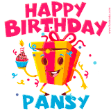 A vibrant and funny gift box character with a happy face dancing with a cupcake and the text 'Happy Birthday Pansy,' surrounded by animated confetti and party vibes.