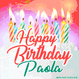 Bright birthday candles with rainbow flames on a cake, alongside the text 'Happy Birthday Paola' in vibrant script in this celebratory animated GIF.