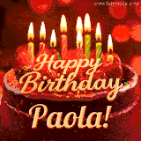 Beautifully decorated red velvet berry birthday cake with vibrant fruits and a glowing 'Paola' name, adding a touch of sweetness and sparkle.