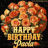 Animated bouquet of orange roses with moving butterfles and golden 'Happy Birthday Paola' text, surrounded by sparkling accents and a dark backdrop for a luxurious feel.