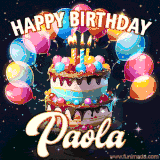 Bright birthday animation for Paola with a chocolate cake, candles, balloons, and glowing celebratory lights.