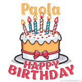 Cartoon birthday cake with a red bow, glowing candles, and 'Paola Happy Birthday' text in bold animated style.