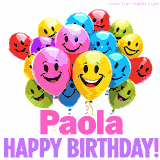 Animated colorful and joyful birthday balloons with cheerful smiles and a bright 'Happy Birthday Paola!' message in pink and purple.