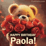 Cinematic style cute animated teddy bear with charming features holding a large bouquet of red roses, the words say 'Happy Birthday Paola' in sans serif font.