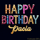 Vibrant luxury birthday greeting card for Paola, showing glittering gemstone letters and golden calligraphy on a dark background with twinkling shine effects.