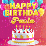 Pink-themed animated greeting with balloons, confetti, and a frosted cake under the message 'Happy Birthday Paola' in bold rounded yellow font.