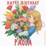 Bright floral birthday animation for Paola showing a cute cartoon girl with golden hair and expressive eyes holding a huge bouquet, surrounded by birthday text.