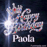 White lens flare effect glowing from crystal-encrusted cursive letters spelling Happy Birthday on a dark starry background.Paola