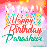Bright birthday candles with rainbow flames on a cake, alongside the text 'Happy Birthday Paraskeve' in vibrant script in this celebratory animated GIF.