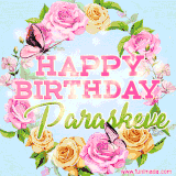 A charming animated GIF featuring 'Happy Birthday Paraskeve' in pink and green text, surrounded by delicate roses, leaves, and fluttering butterflies on a soft light blue pastel background.