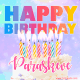 A vibrant animated name GIF with the words 'Happy Birthday Paraskeve' with colorful candles on a creamy cake. The background sparkles with pastel shades, adding a festive touch.
