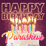 A colorful birthday cake topped with lit candles, with the words 'Happy Birthday Paraskeve' in bold glowing letters on a burgundy background. Animated flames add a festive touch.